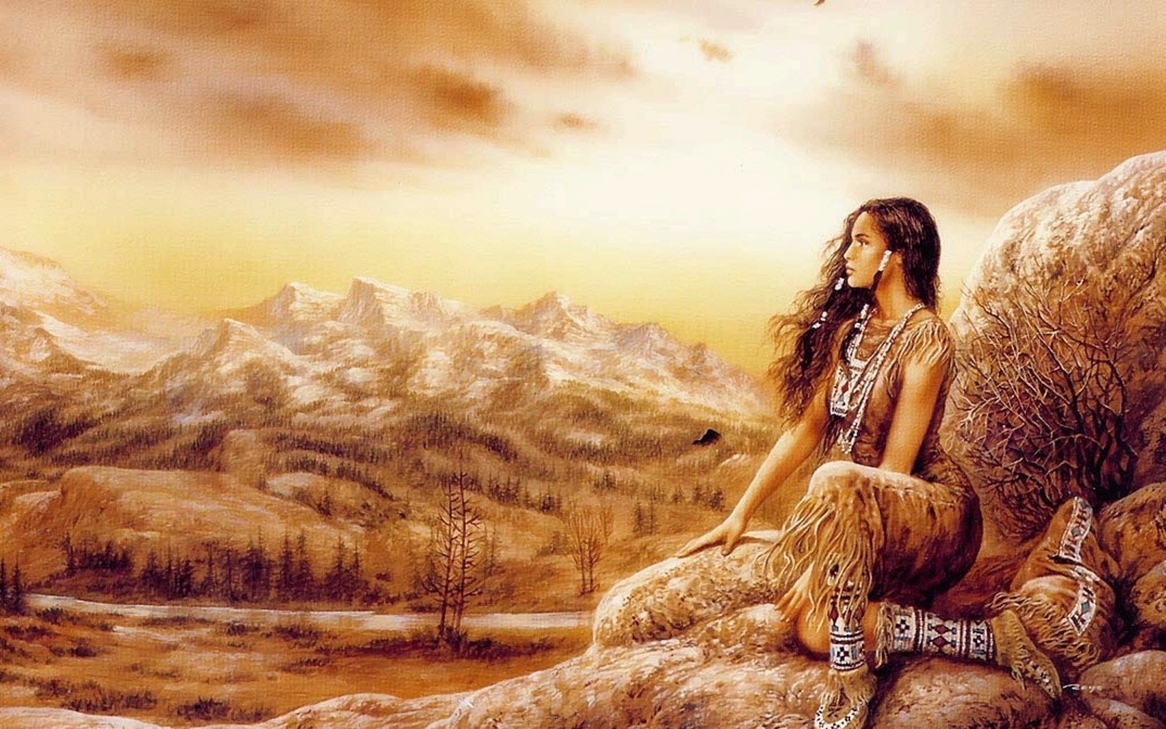 General 1680x1050 Luis Royo fantasy girl landscape Native Americans fantasy art looking into the distance long hair nature mountains
