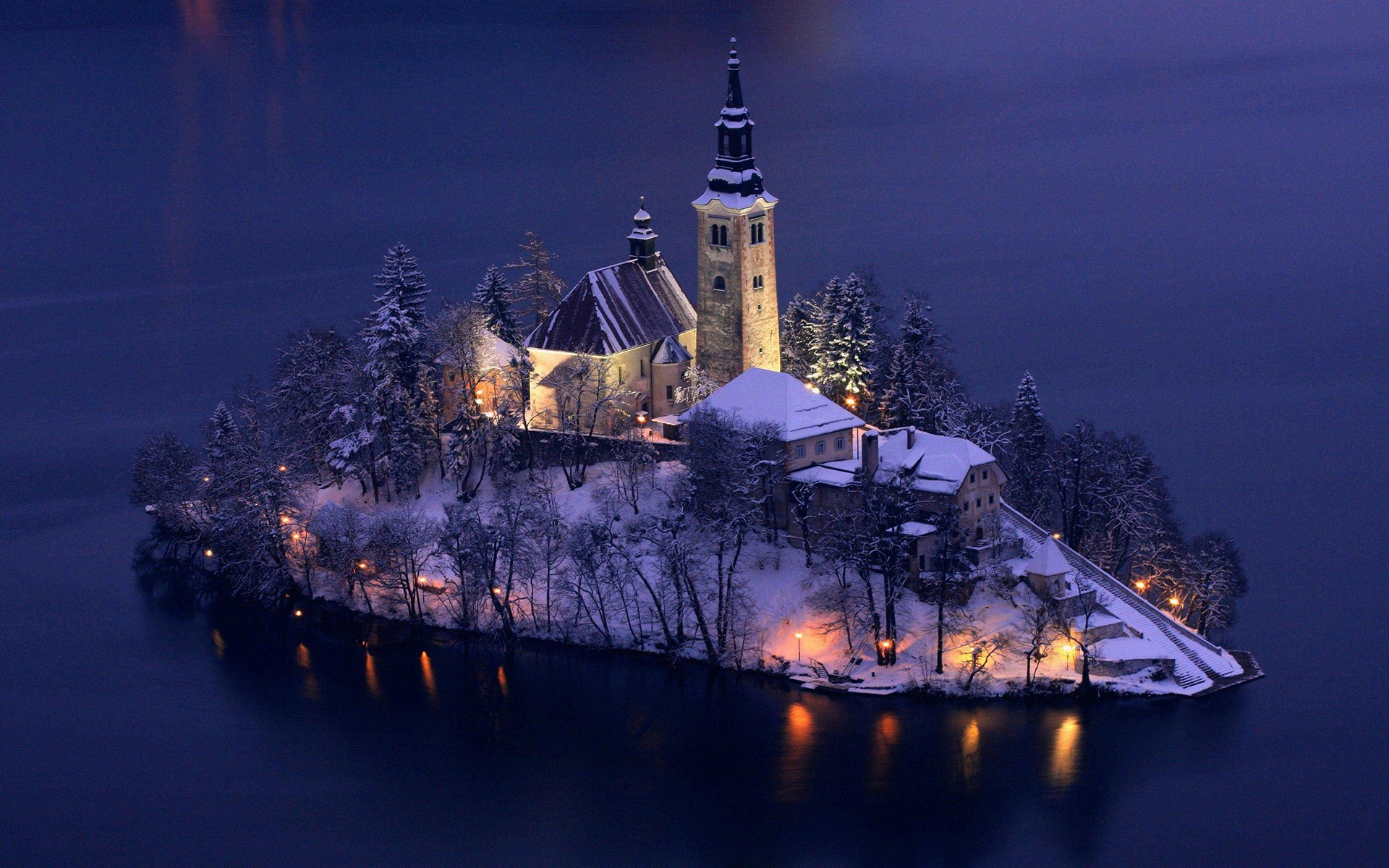 General 1920x1200 island church Slovenia Lake Bled snow winter cold outdoors
