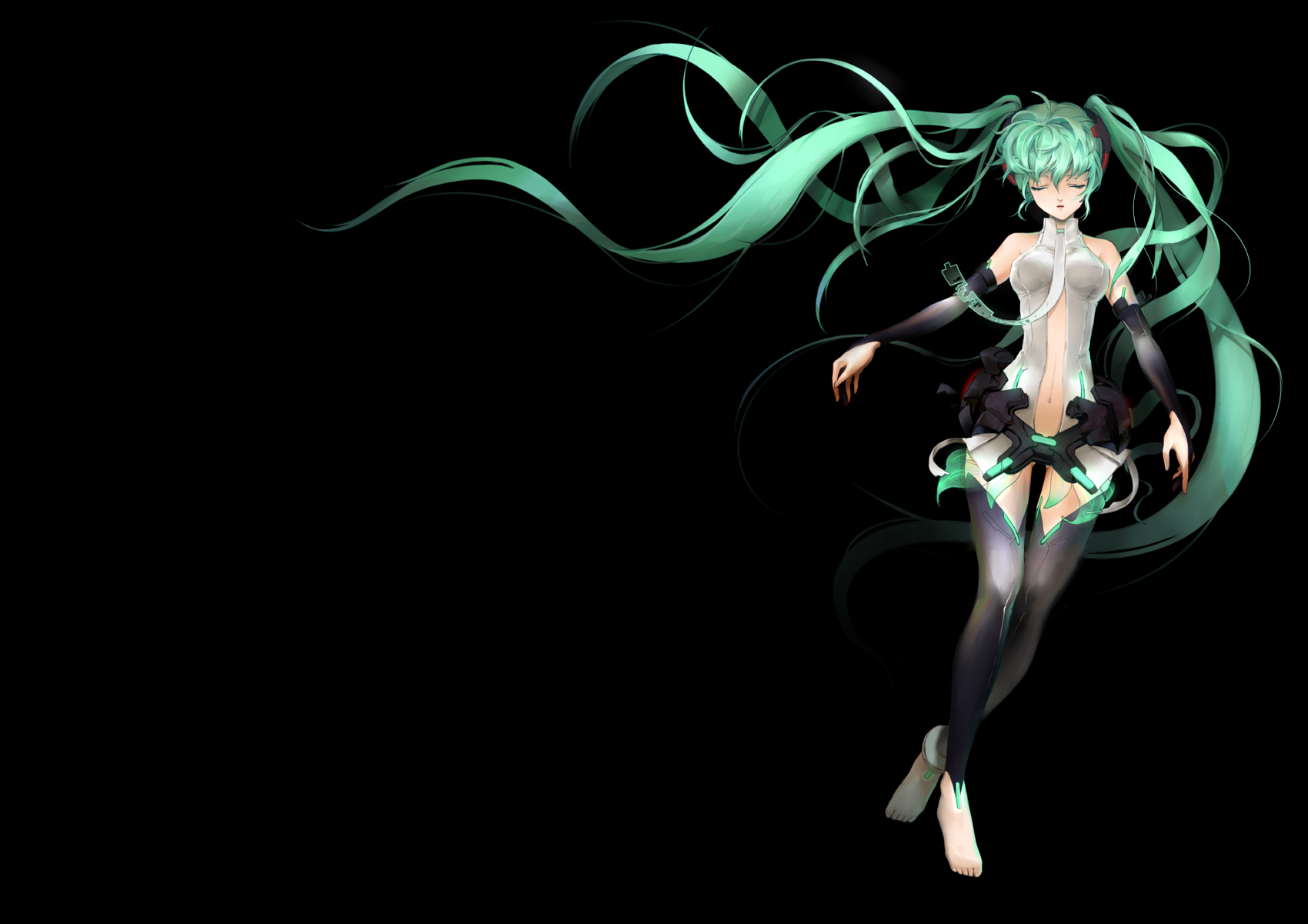 Anime 1700x1201 anime Hatsune Miku Hatsune Miku Append Vocaloid anime girls thigh-highs green hair barefoot long hair closed eyes simple background black background legs legs together