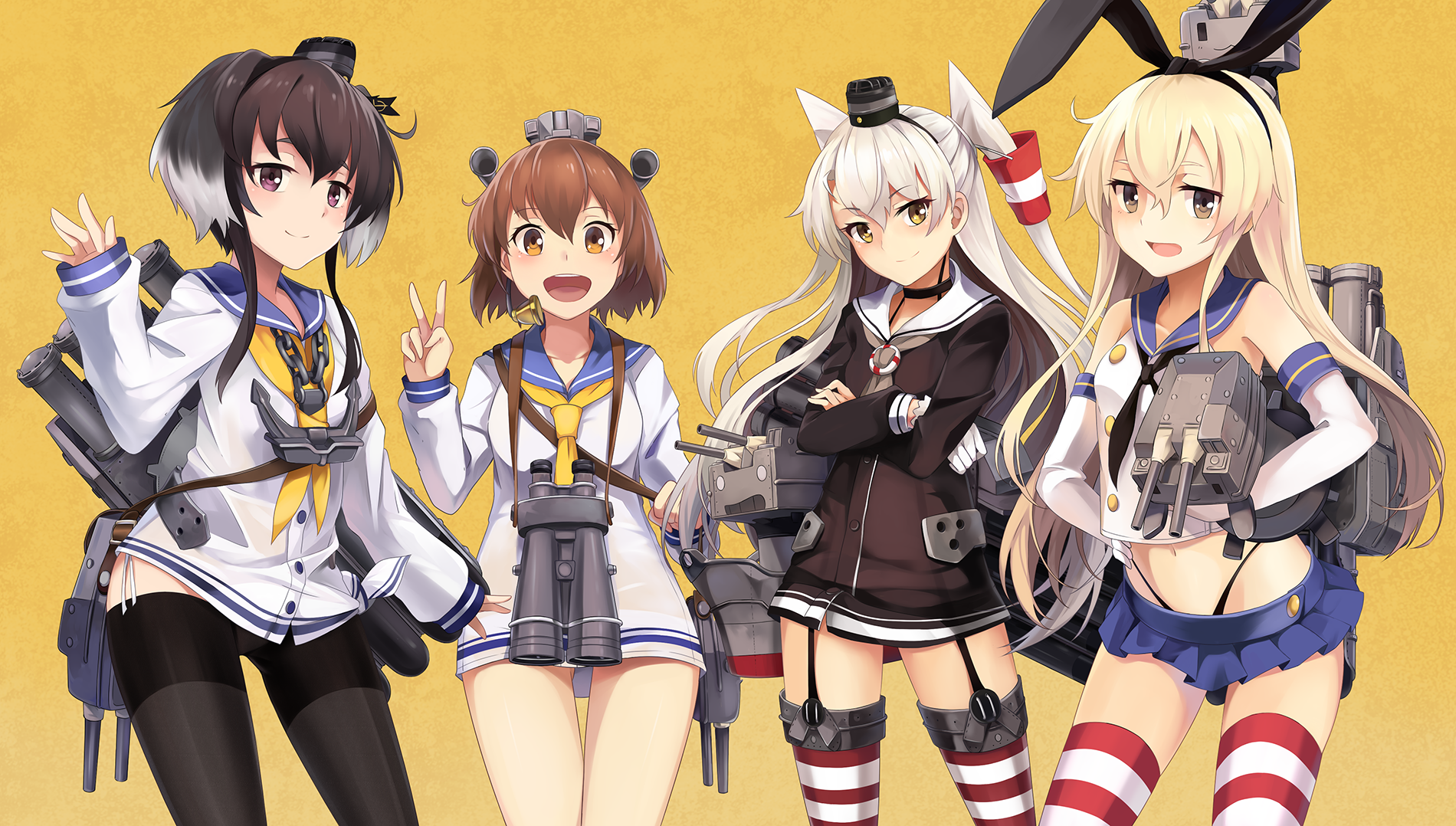 Anime 1900x1078 anime girls anime Kantai Collection Amatsukaze (Kancolle) Rensouhou-chan Shimakaze (Kancolle) Tokitsukaze (KanColle)  Yukikaze (KanColle) NEKO (Yanshoujie) group of women yellow background gradient hand gesture victory sign arms crossed pantyhose stockings striped stockings dress yellow eyes brunette bunny ears open mouth looking at viewer smiling long hair panties black panties