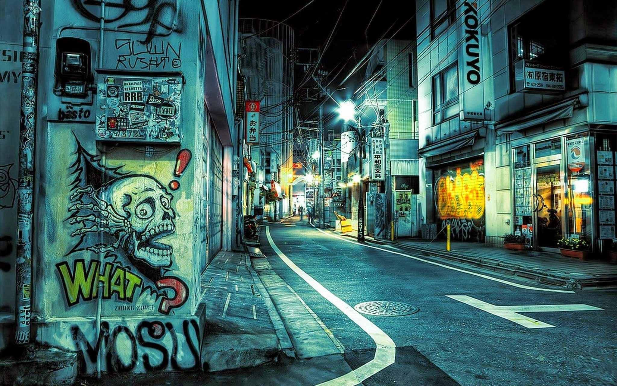 General 2048x1280 urban HDR street cyan night skull graffiti alleyway city Asia outdoors