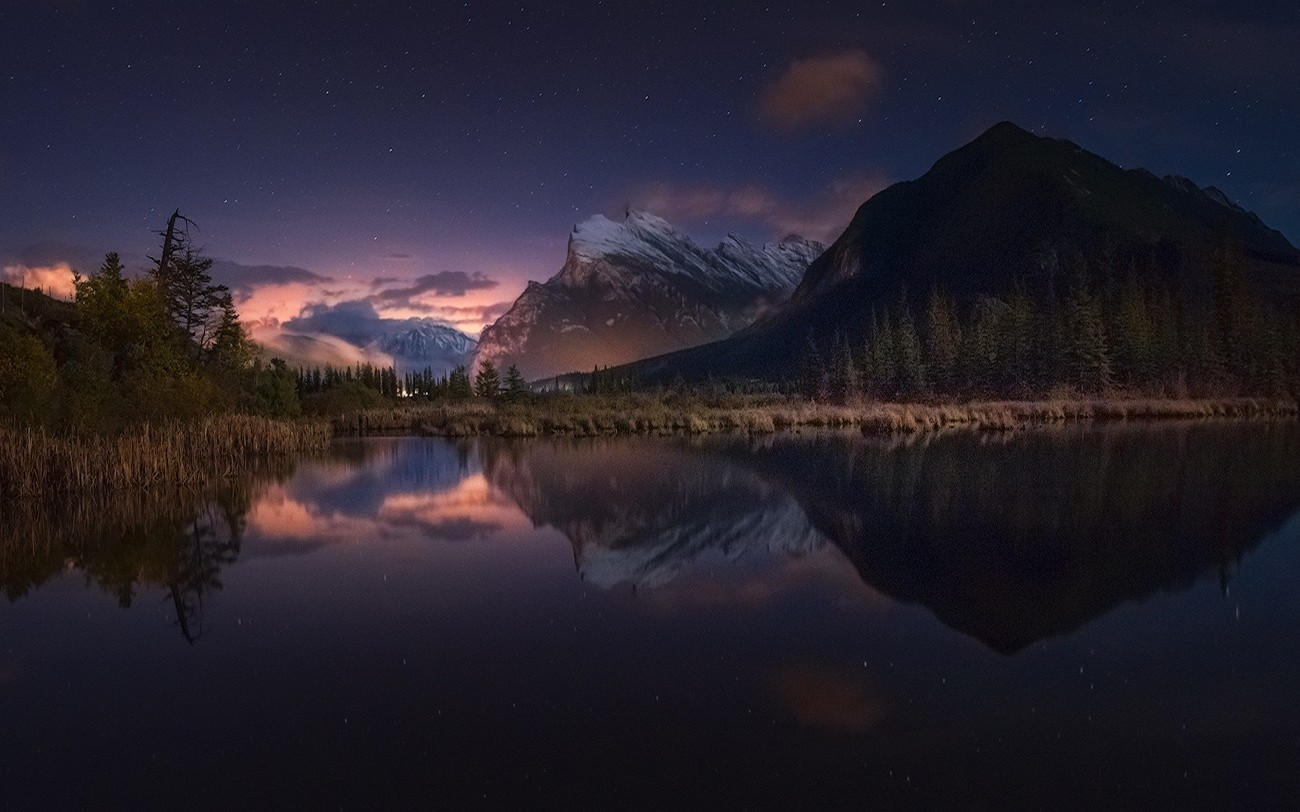 General 1300x812 nature landscape starry night lake mountains reflection forest snowy peak Banff National Park Canada shrubs water calm