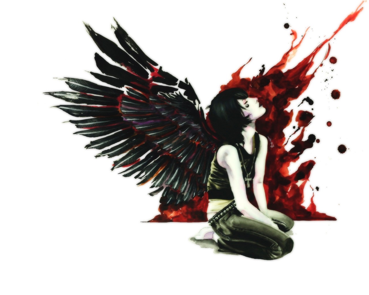 General 1280x1024 wings fantasy girl fantasy art simple background white background women black hair kneeling