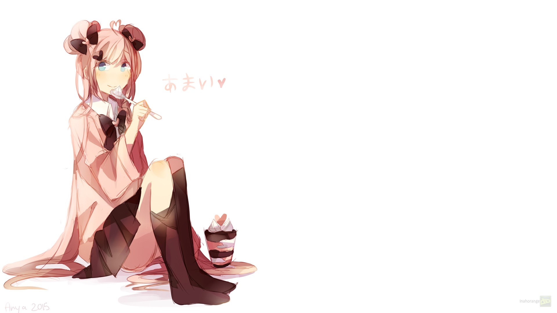 Anime 1920x1080 pink original characters ice cream blue eyes DeviantArt simple background sitting anime girls eating food sweets