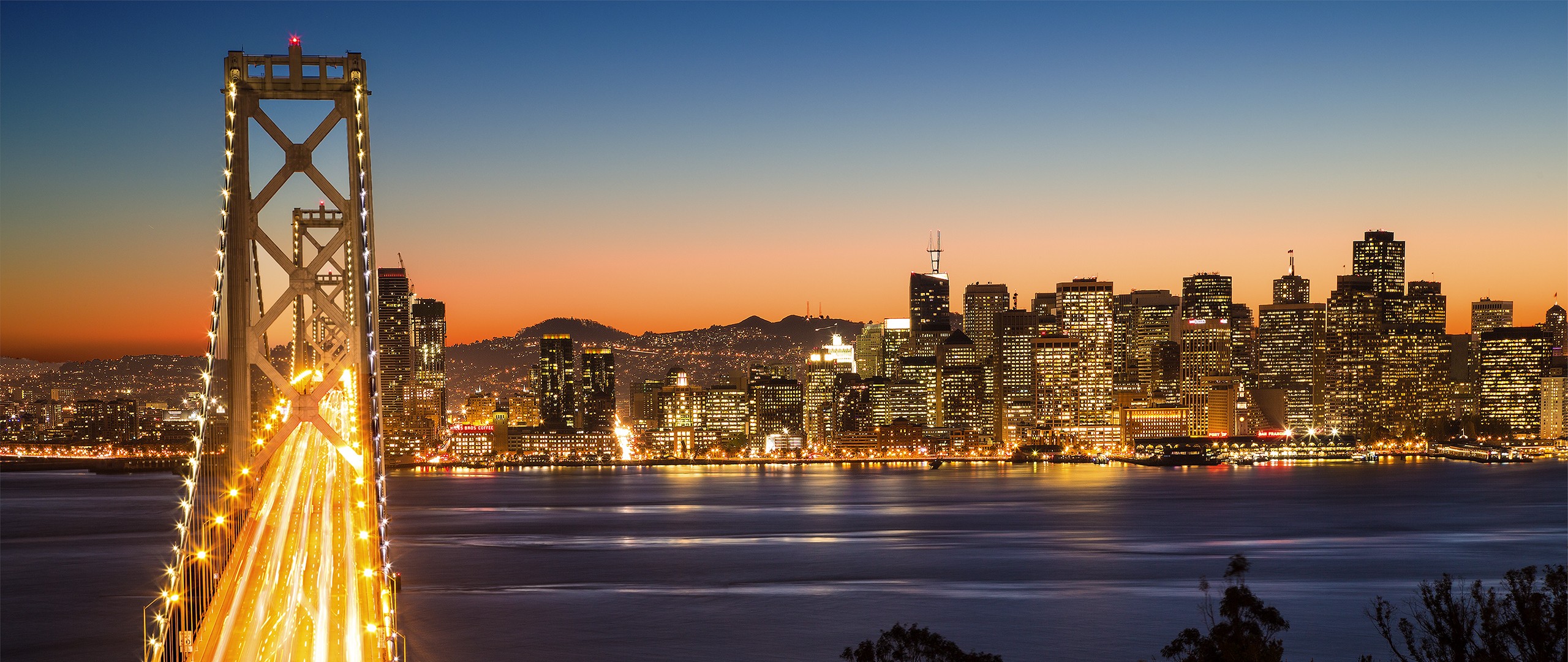 General 2560x1080 bridge city cityscape city lights light trails San Francisco USA California