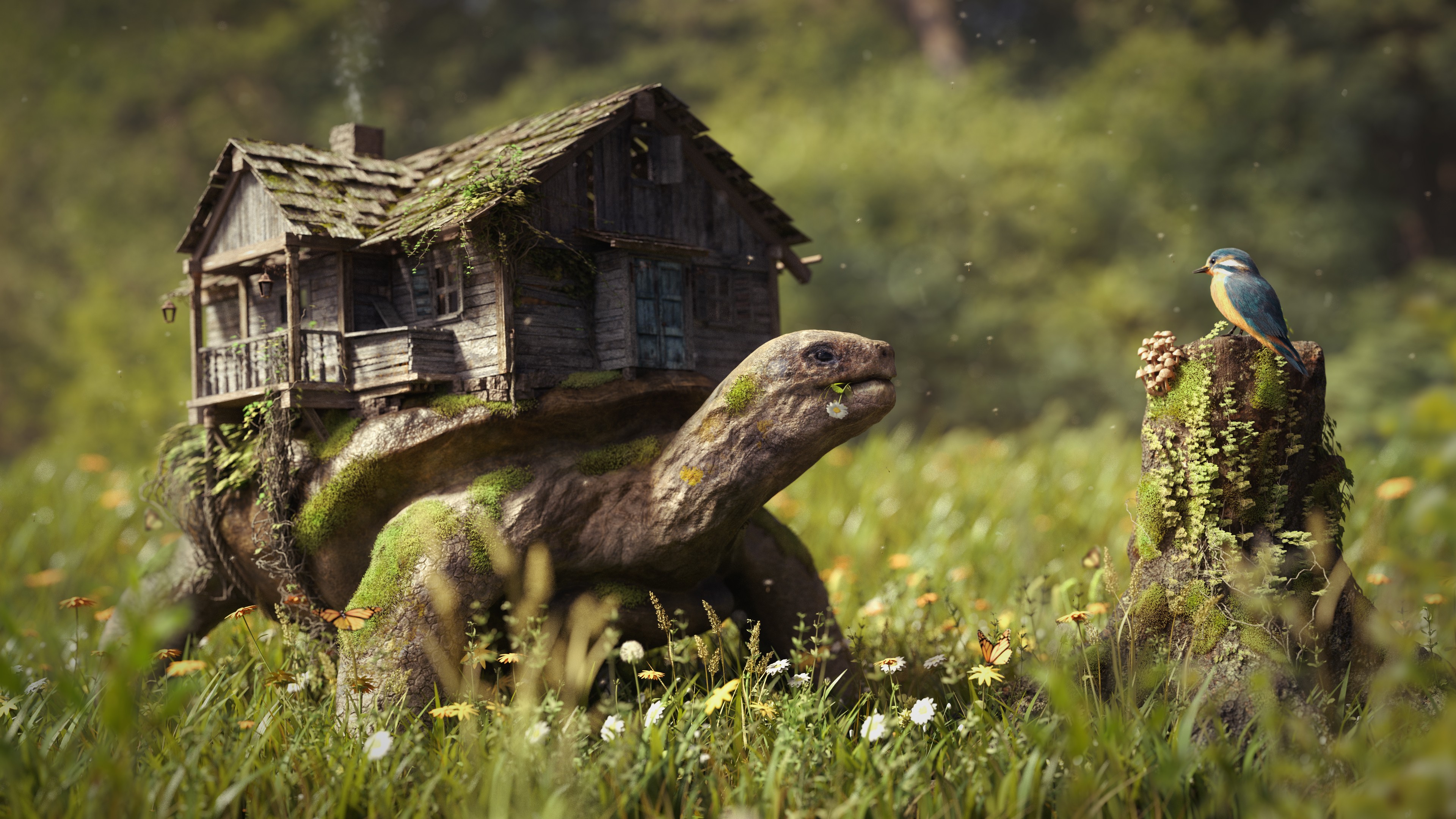 General 3840x2160 digital art animals photography photoshopped nature grass field birds turtle flowers moss trees butterfly house depth of field artwork old log tree stump green brown fantasy art