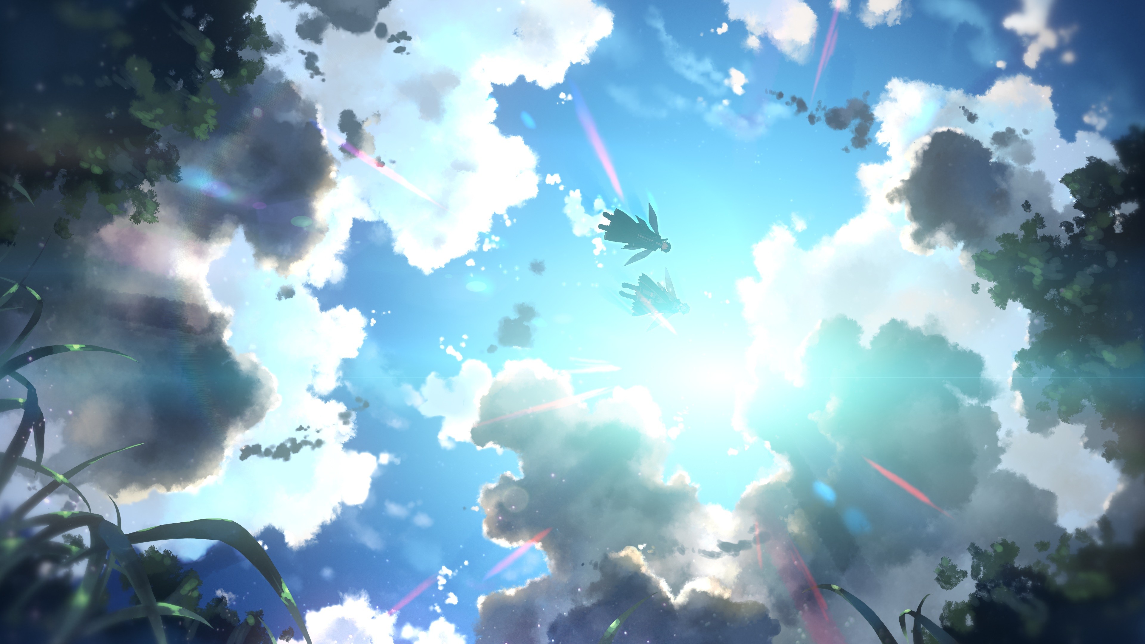 Anime 3840x2160 Yuuki Tatsuya Sword Art Online clouds sky wings flying anime artwork top view reflection worm's eye view outdoors Yuuki Asuna (Sword Art Online) Kirigaya Kazuto (Sword Art Online)