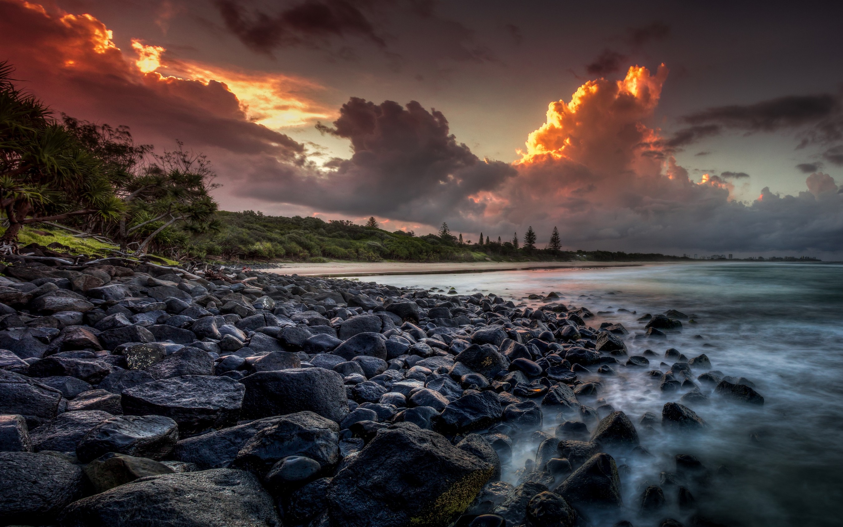 General 2700x1690 nature landscape beach Australia sunset clouds sea rocks trees sky sand coast HDR long exposure