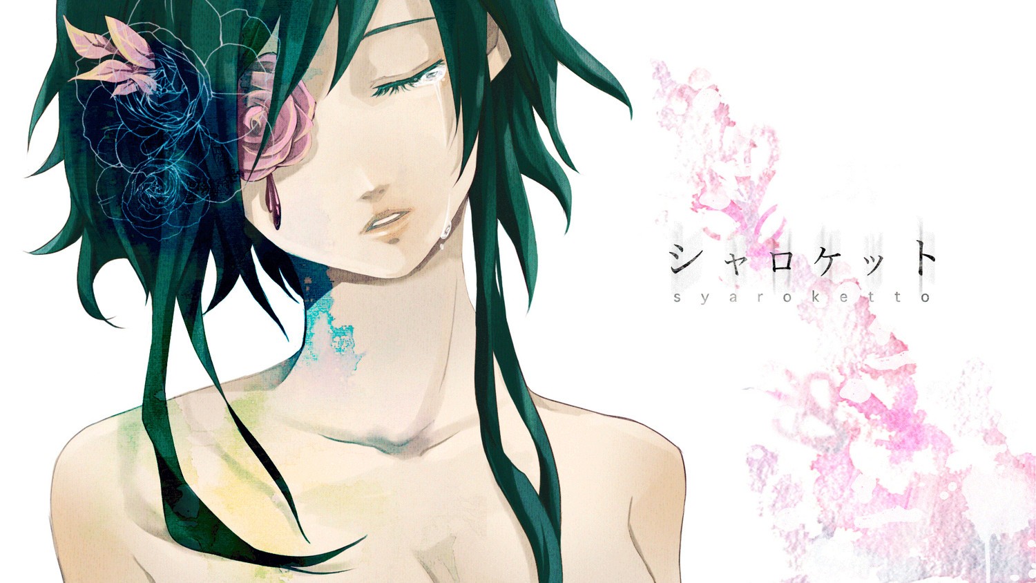 Anime 1500x844 anime girls rose flowers closed eyes Vocaloid Megpoid Gumi face tears crying sad simple background white background green hair