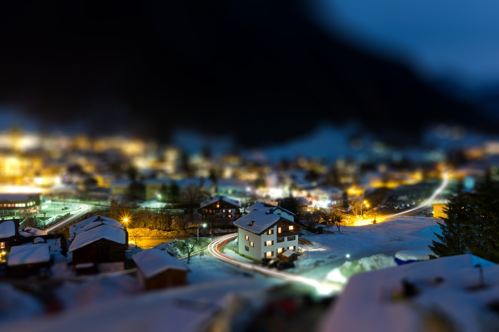 General 1620x1080 house town trees nature winter snow night lights road street mountains rooftops light trails tilt shift