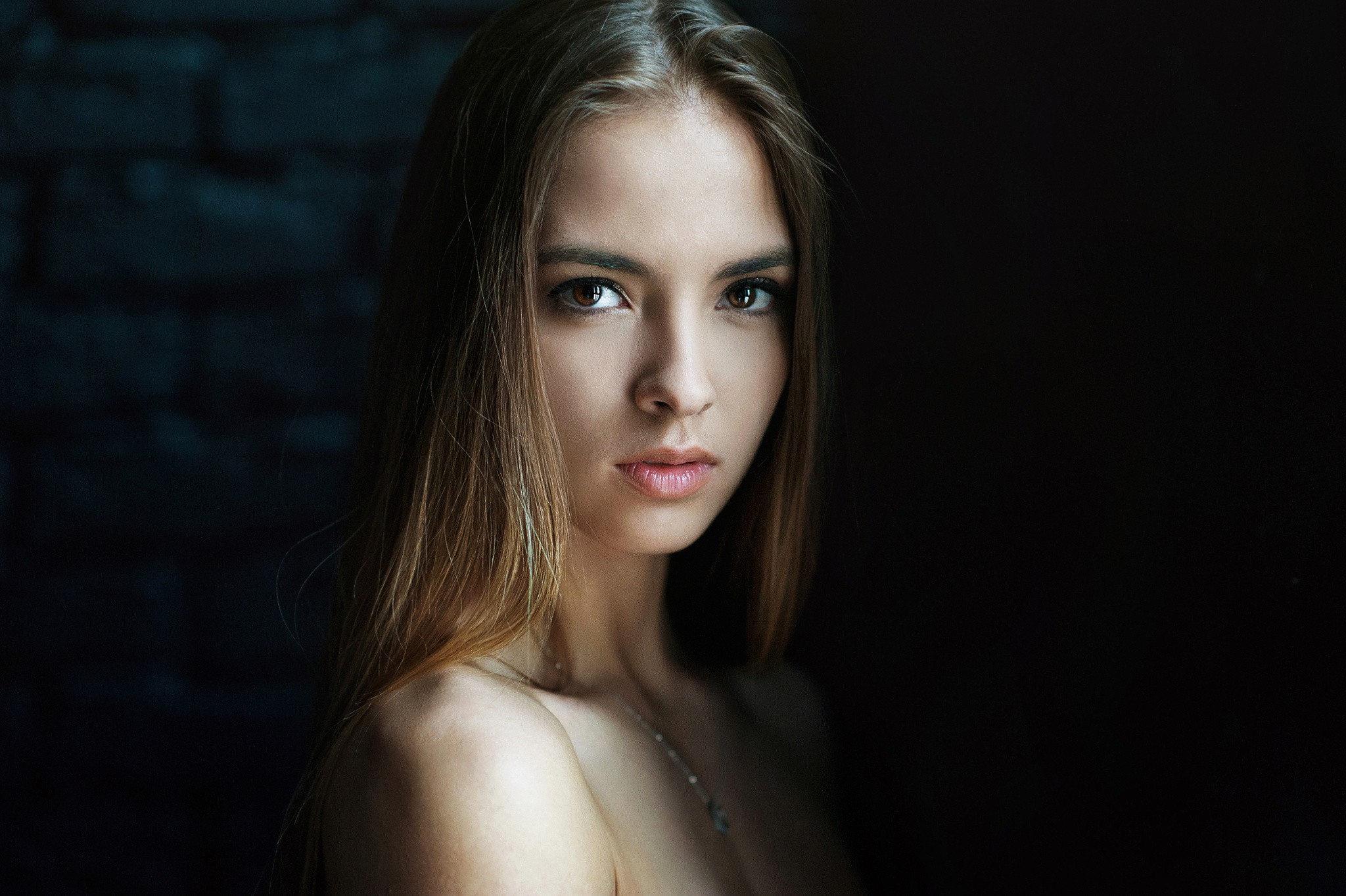 People 2048x1363 women portrait face Victoria Lukina Maxim Maximov low light looking at viewer women indoors indoors necklace hazel eyes long hair implied nude