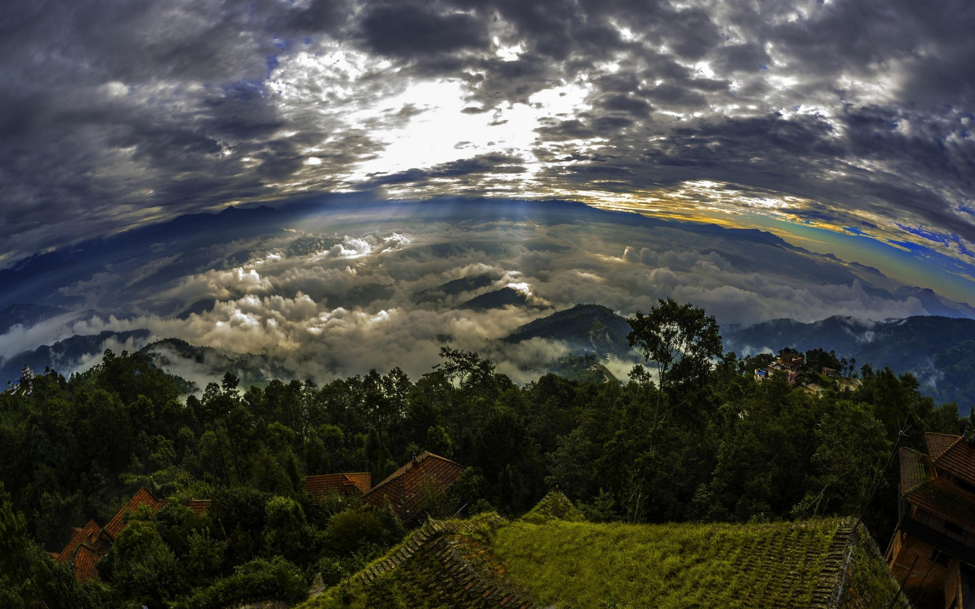 General 1920x1200 nature landscape Nepal trees clouds mountains sun rays rooftops sky panorama