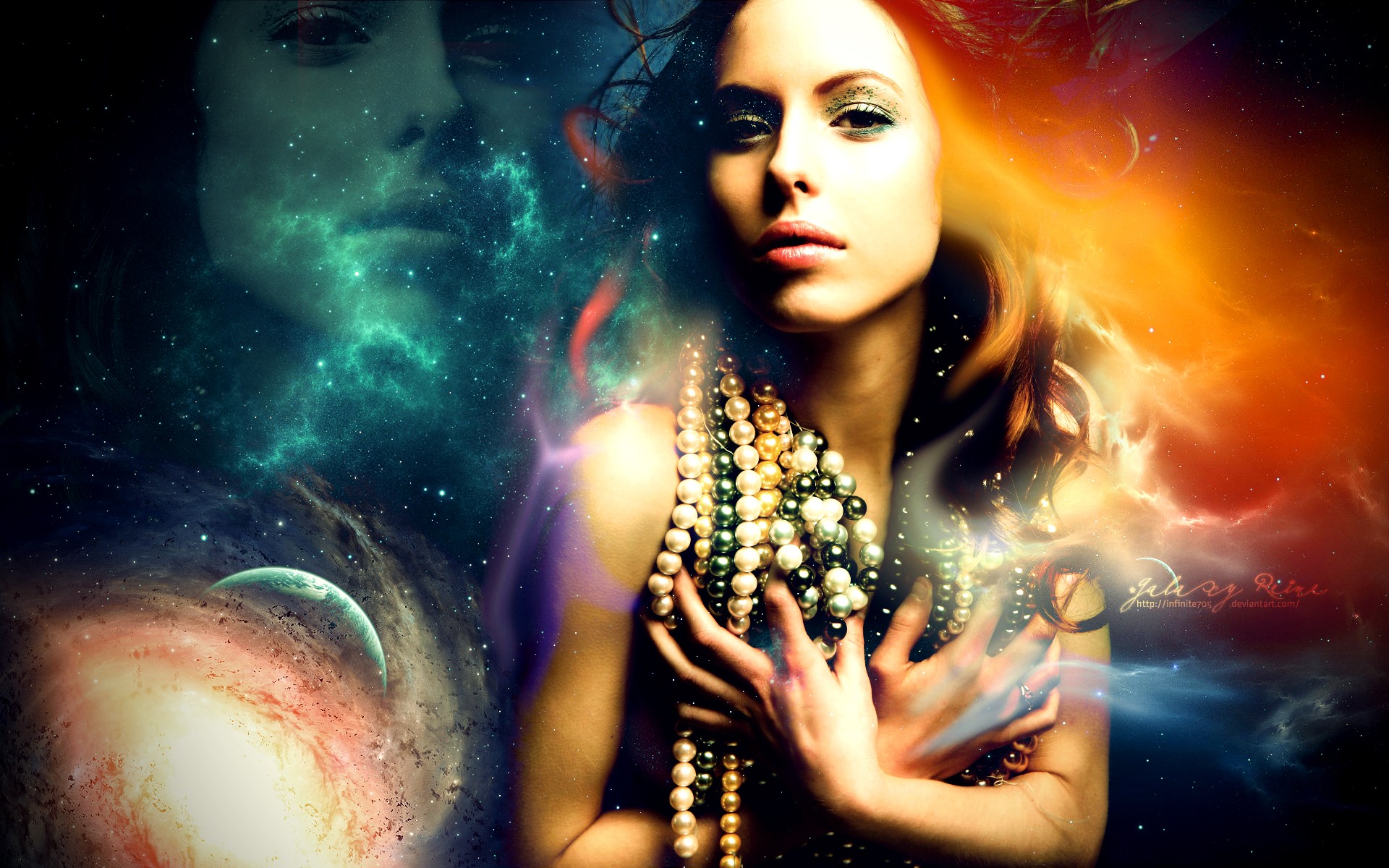 People 1920x1200 women DeviantArt digital art face model collage makeup planet space looking at viewer colorful