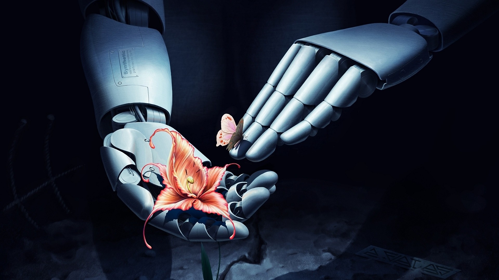 General 1920x1080 robot CGI hands flowers butterfly technology science fiction digital art plants insect animals machine