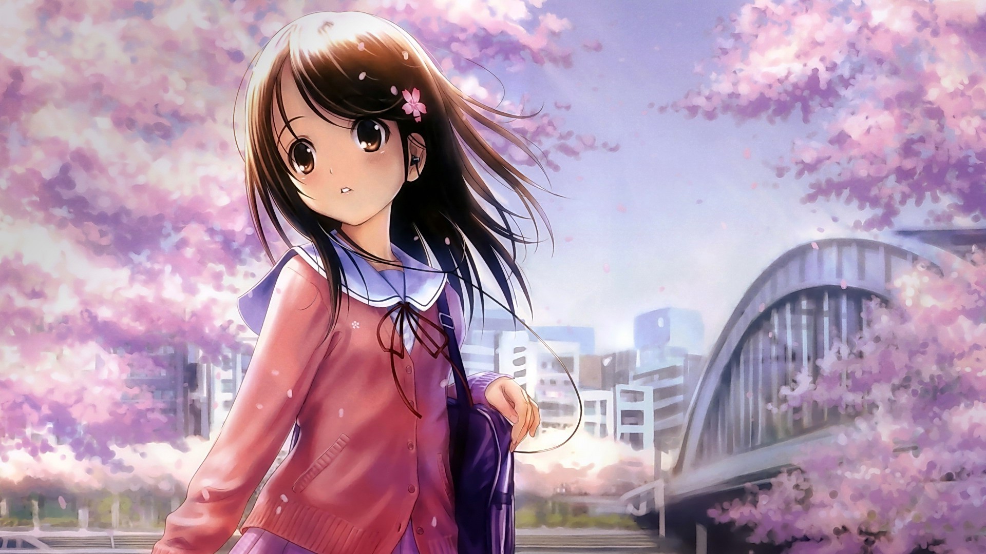 Anime 1920x1080 anime girls anime flower in hair brunette cherry blossom