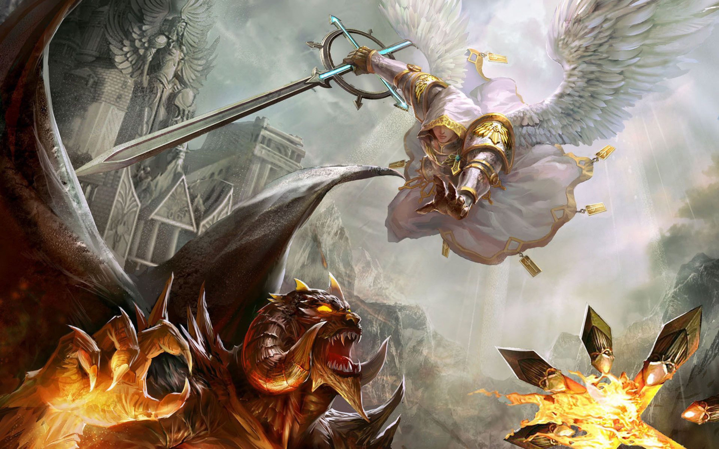 General 2880x1800 Heroes of Might And Magic 5 fantasy art demon wings sword video games women with swords fantasy girl glowing eyes PC gaming video game art video game girls