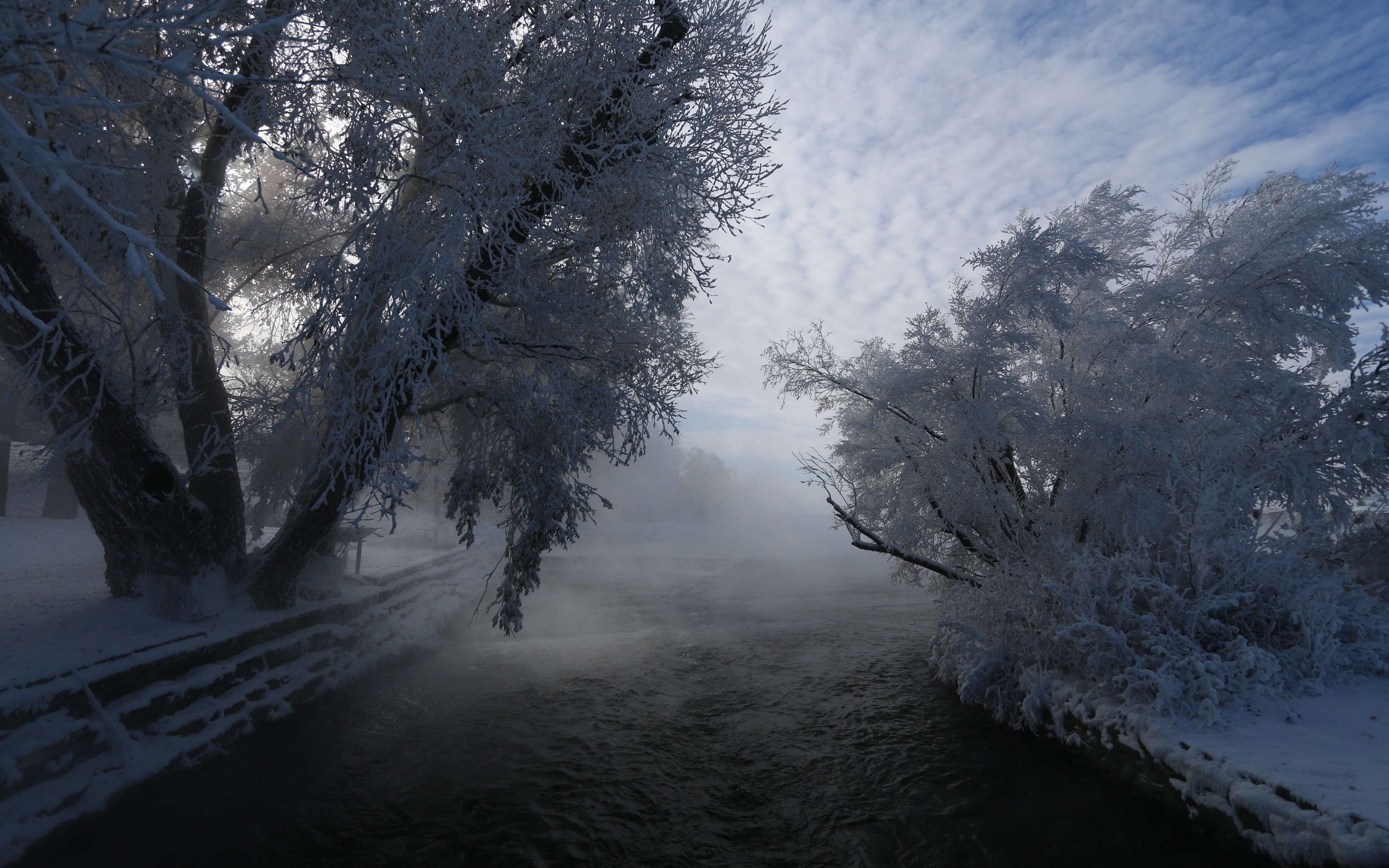 General 2500x1563 nature mist snow river trees shrubs clouds frost cold