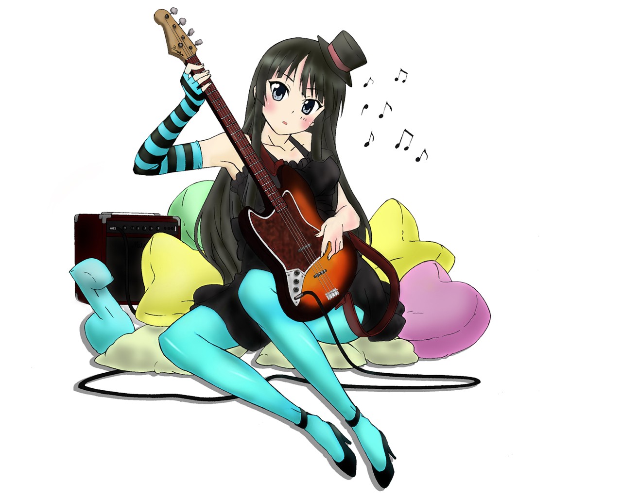 Anime 1280x1024 K-ON! anime girls Akiyama Mio guitar hat music Don't Say Lazy legs musical instrument women dark hair long hair musical notes