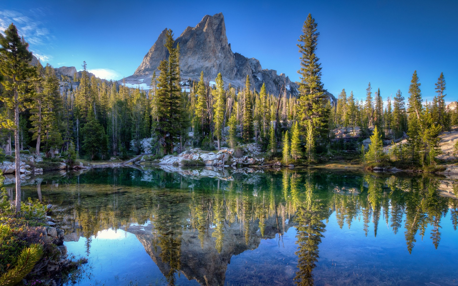 General 1920x1200 nature landscape Idaho lake reflection water mountains forest blue trees calm HDR