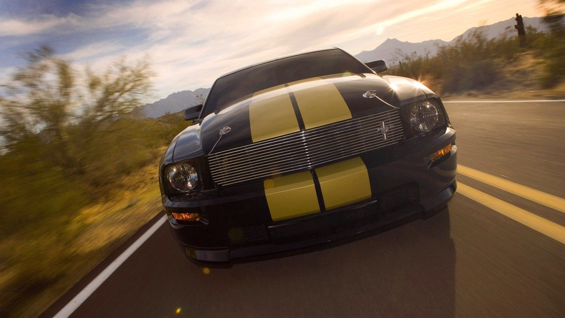 General 1920x1080 car vehicle black cars road racing stripes Ford Ford Mustang frontal view dutch tilt muscle cars Ford Mustang S-197 American cars