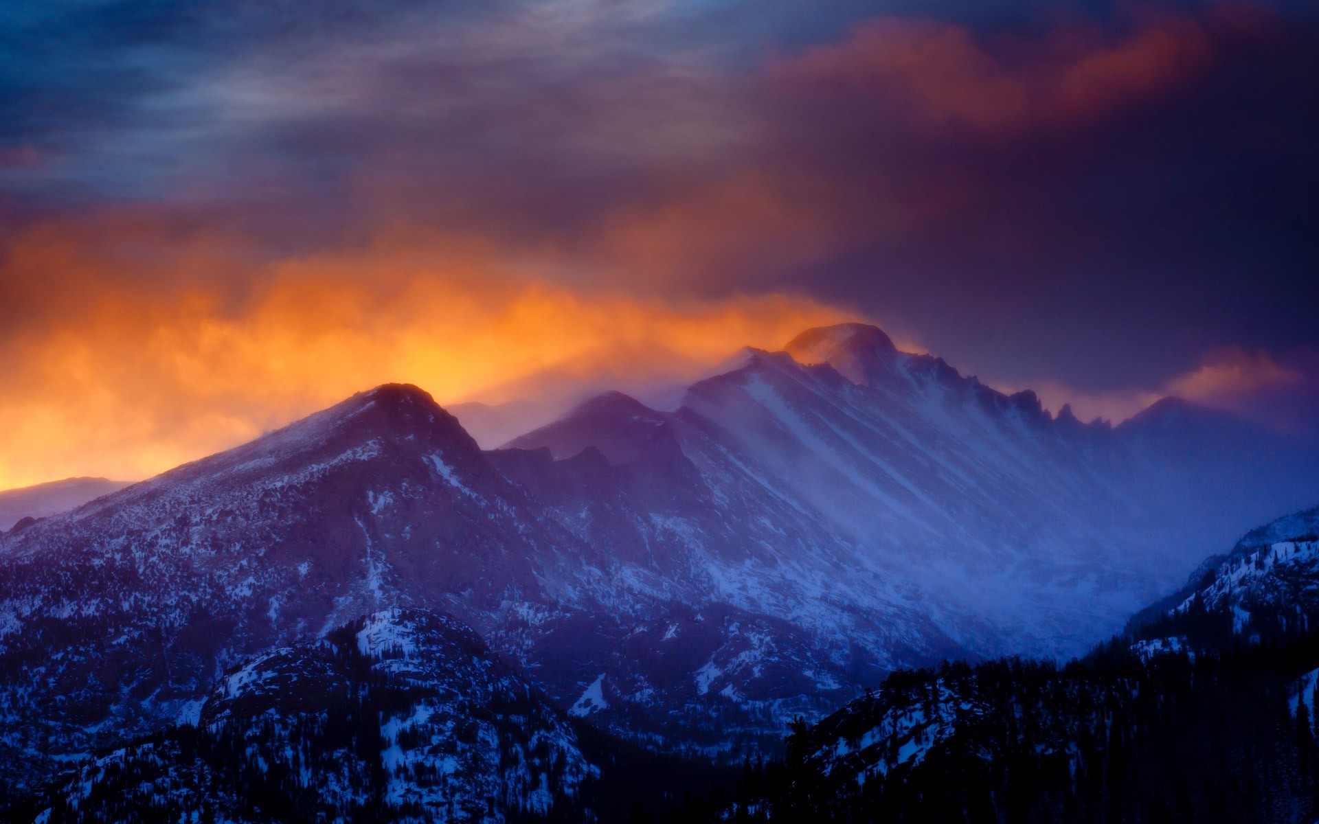 General 1920x1200 nature landscape mountains sunset Rocky Mountain National Park clouds forest mist snowy peak winter USA low light