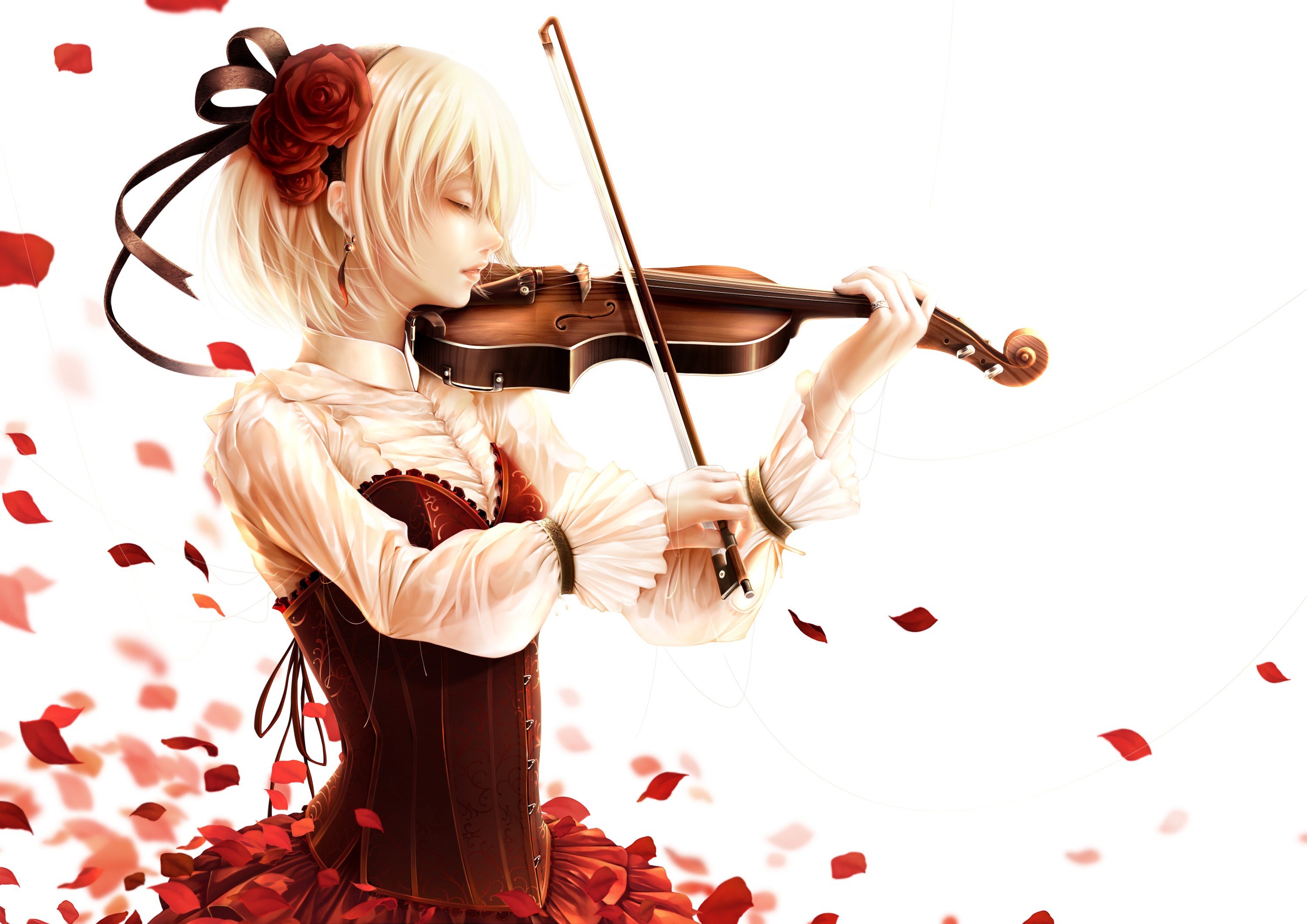 Anime 3000x2121 anime violin anime girls blonde musical instrument flower in hair simple background dress Bouno Satoshi closed eyes