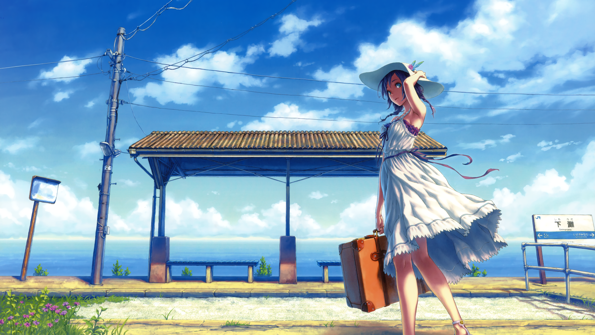 Anime 1920x1080 anime girls anime sea sky dress windy suitcase utility pole original characters hat white dress clouds outdoors sun dress artwork Hisakata Souji women with hats