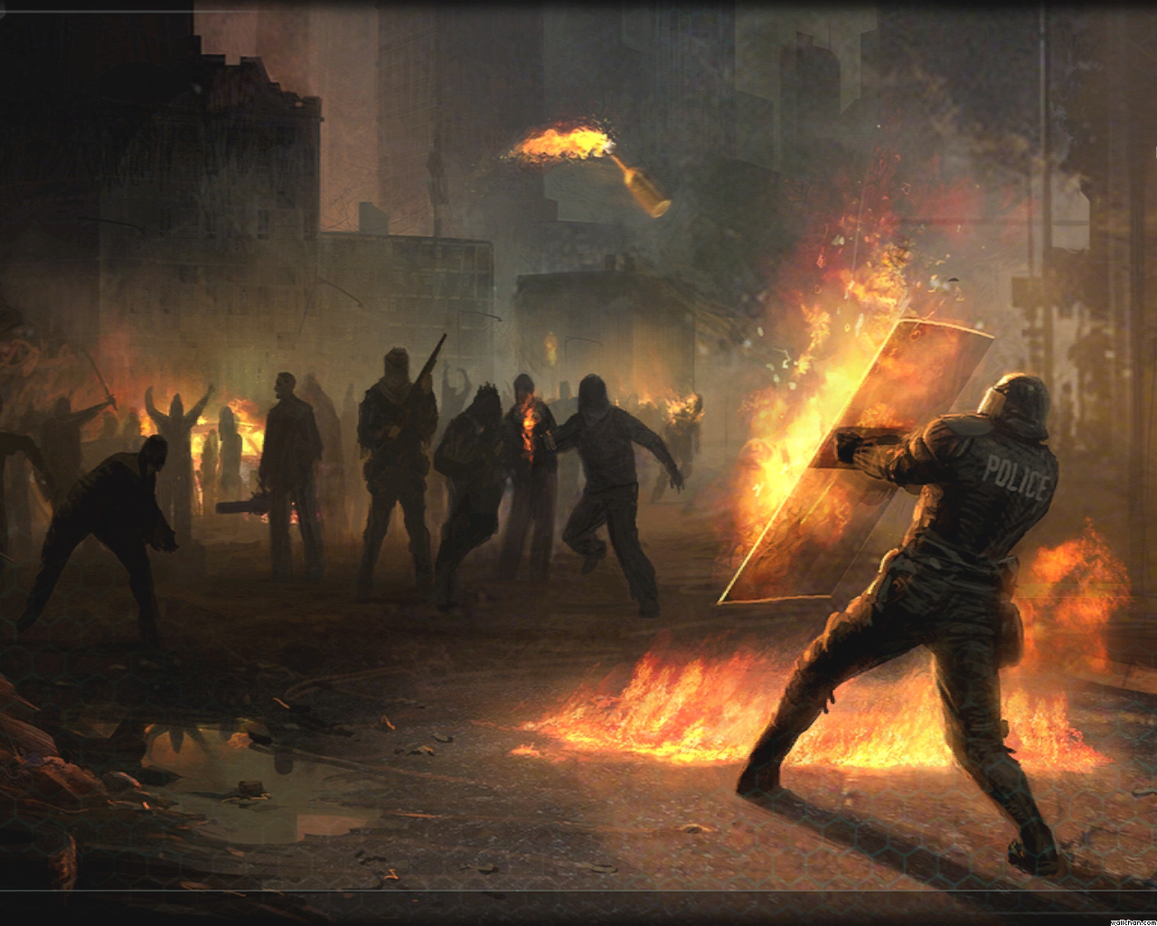 General 1280x1024 police artwork fire riots people Molotov
