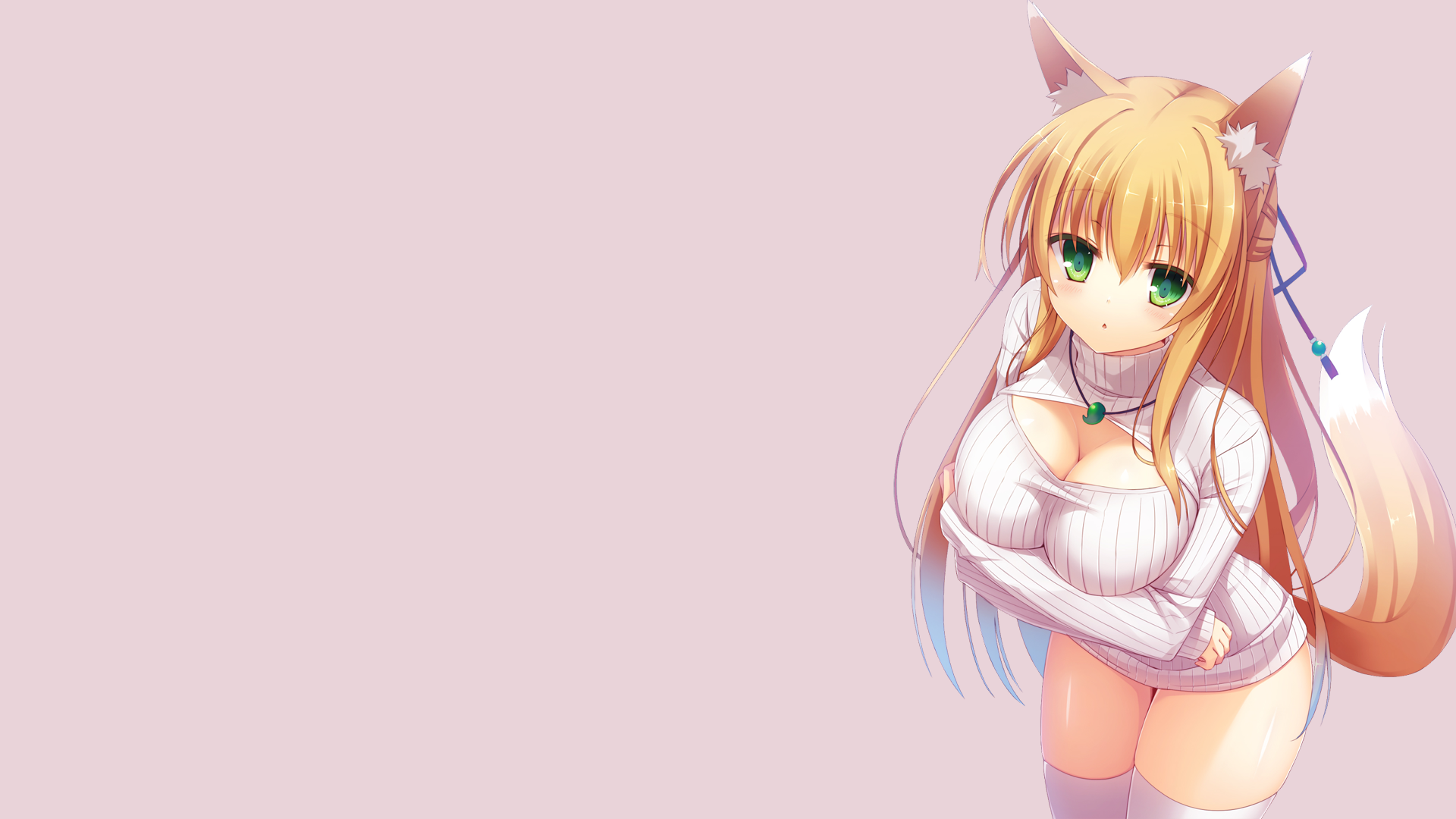 Anime 1920x1080 fox tail anime girls simple background anime original characters ecchi pink background stockings thigh-highs cleavage keyhole turtleneck boobs big boobs looking at viewer animal ears fox girl green eyes blonde tail
