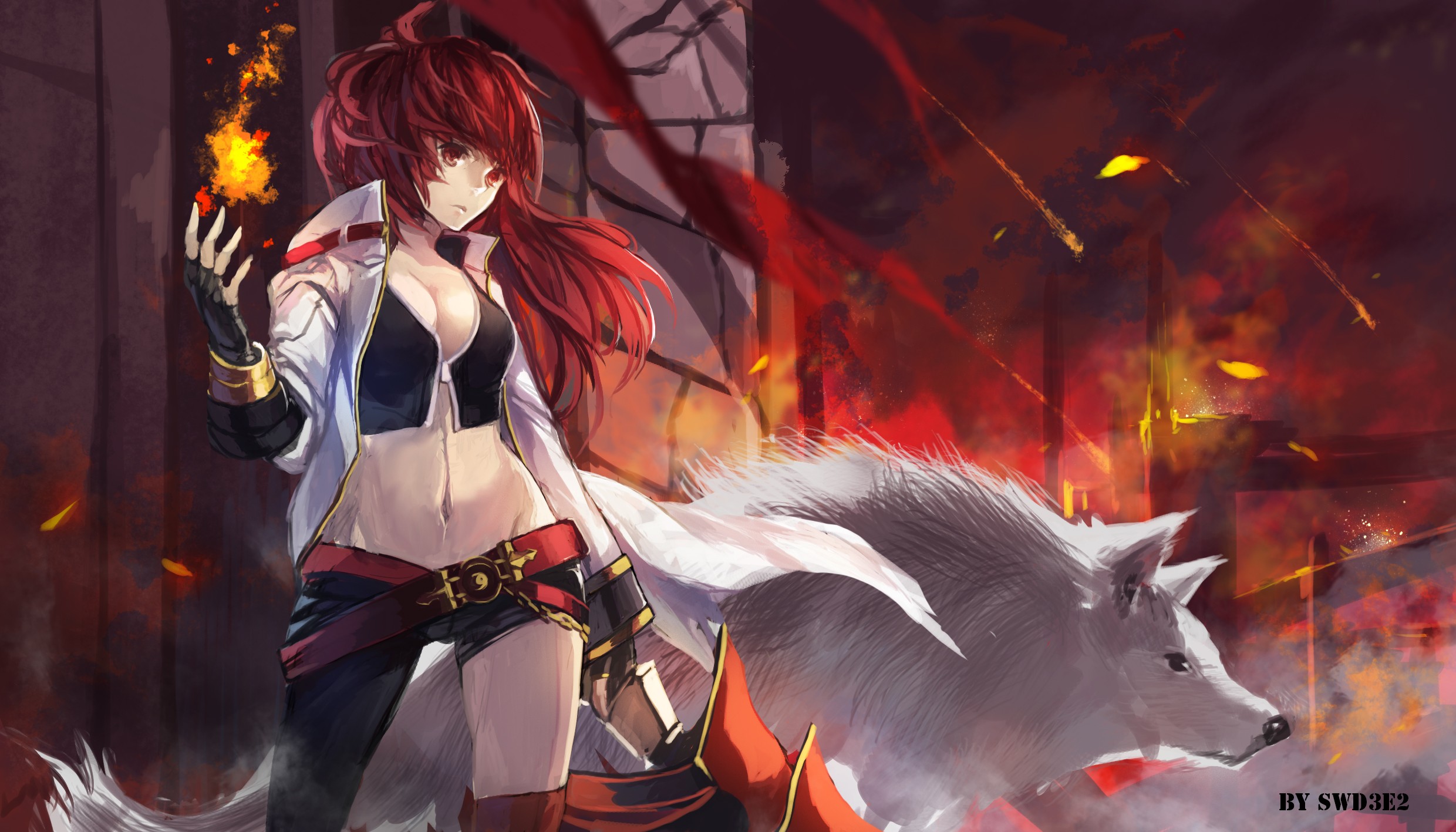 Anime 2480x1417 anime anime girls Swd3e2 redhead wolf Elesis (Elsword) Elsword fire cleavage gloves red eyes long hair belly