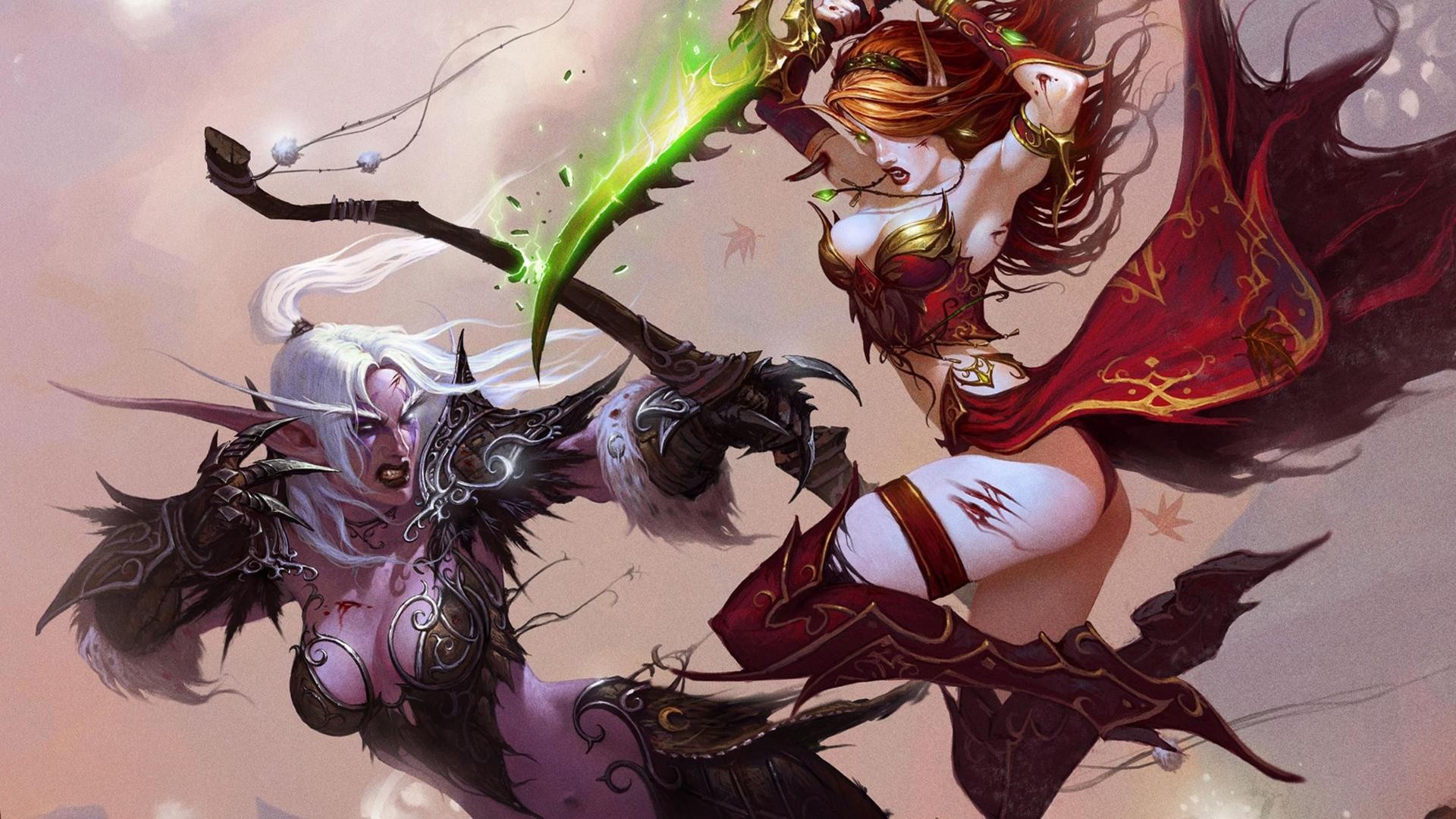 General 1920x1080 Warcraft World of Warcraft blood elves night elves video games PC gaming women with swords sword boobs ass redhead pointy ears two women fantasy art fantasy girl battle