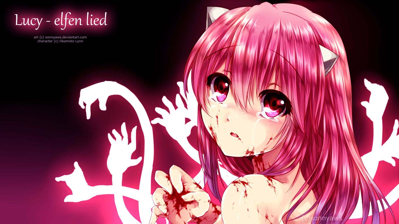 Anime 1550x870 Elfen Lied anime anime girls Nyu blood gradient pointy ears hands looking at viewer