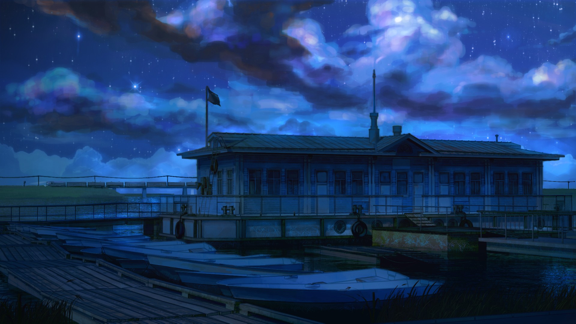 Anime 1920x1080 ArseniXC Everlasting Summer (visual novel) boat clouds night flag pier blue anime house sky stars vehicle outdoors
