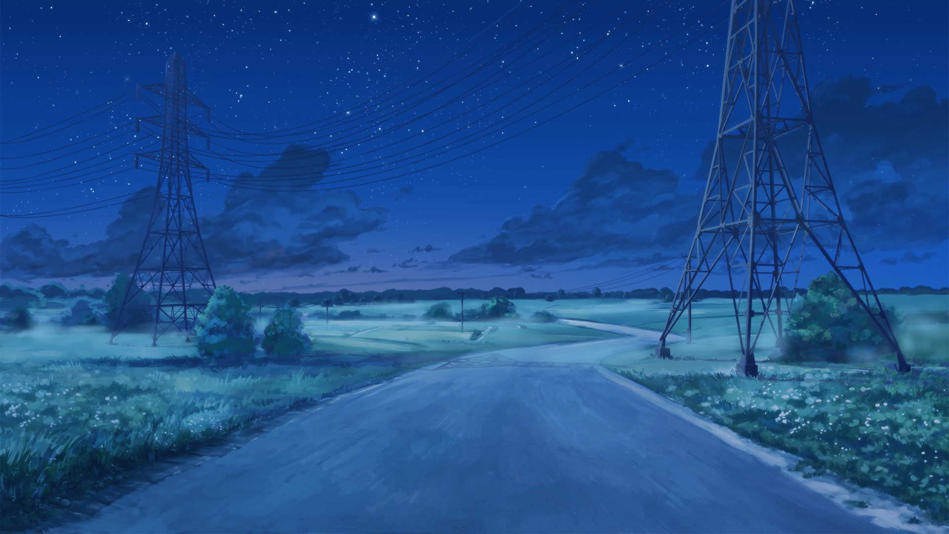 General 1920x1080 power lines clouds starry night Everlasting Summer (visual novel) ArseniXC utility pole landscape road sky stars digital art