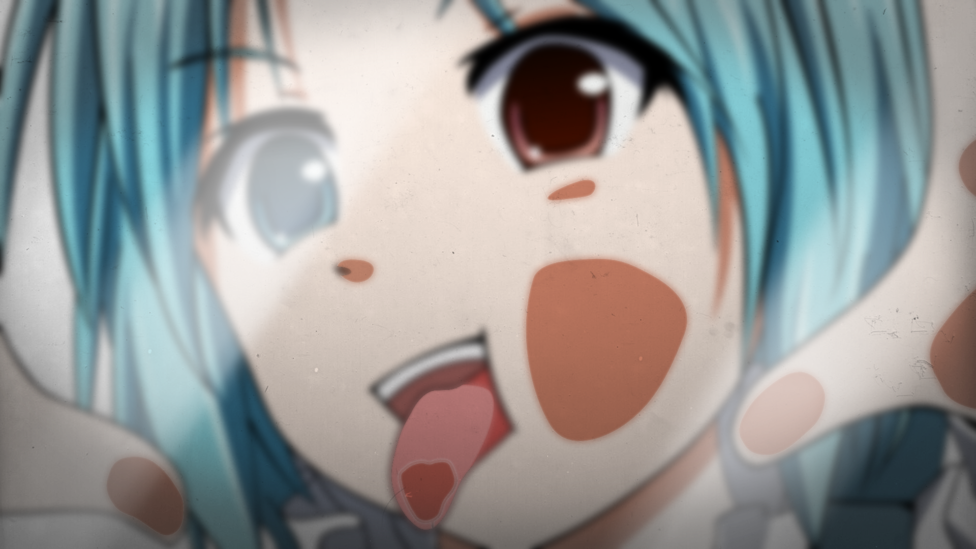 Anime 1920x1080 Touhou heterochromia Tatara Kogasa face cyan hair tongues tongue out against screen