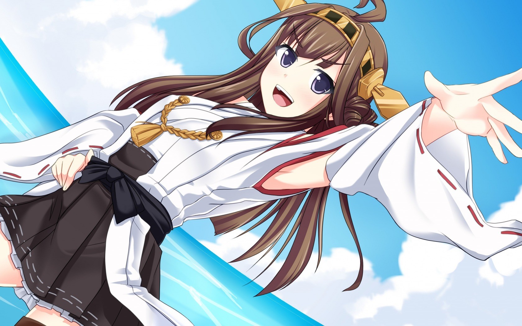 Anime 1680x1050 Kongou (KanColle) Kantai Collection anime brunette water purple eyes long hair sky anime girls open mouth looking at viewer