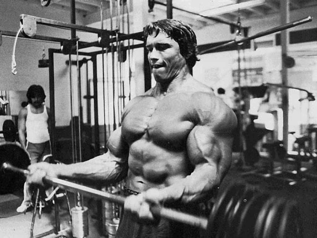 People 1024x770 Arnold Schwarzenegger weightlifting muscles curl bar bodybuilder bodybuilding working out sport monochrome men gyms celebrity muscular