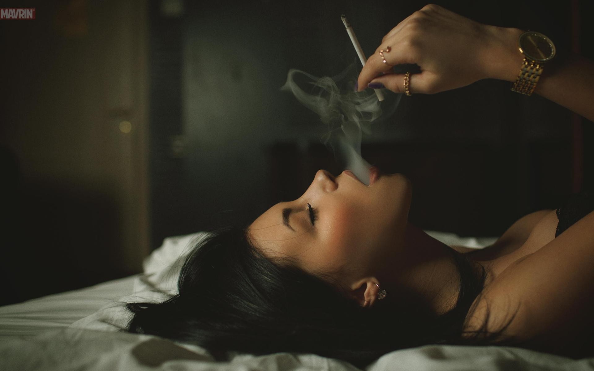 People 1920x1200 model women brunette smoking cigarettes lying down dark hair Aleksandr Mavrin