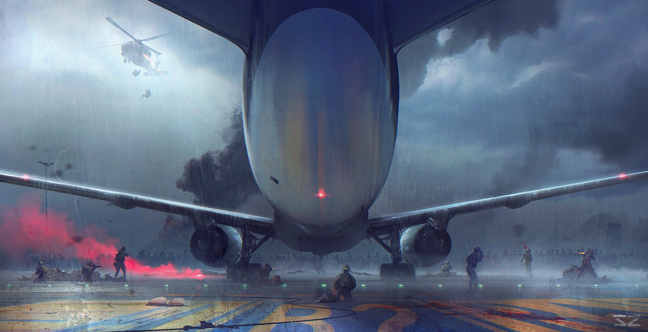 General 2103x1080 war artwork digital art airplane airfield Sergey Zabelin zombies vehicle horror undead ArtStation