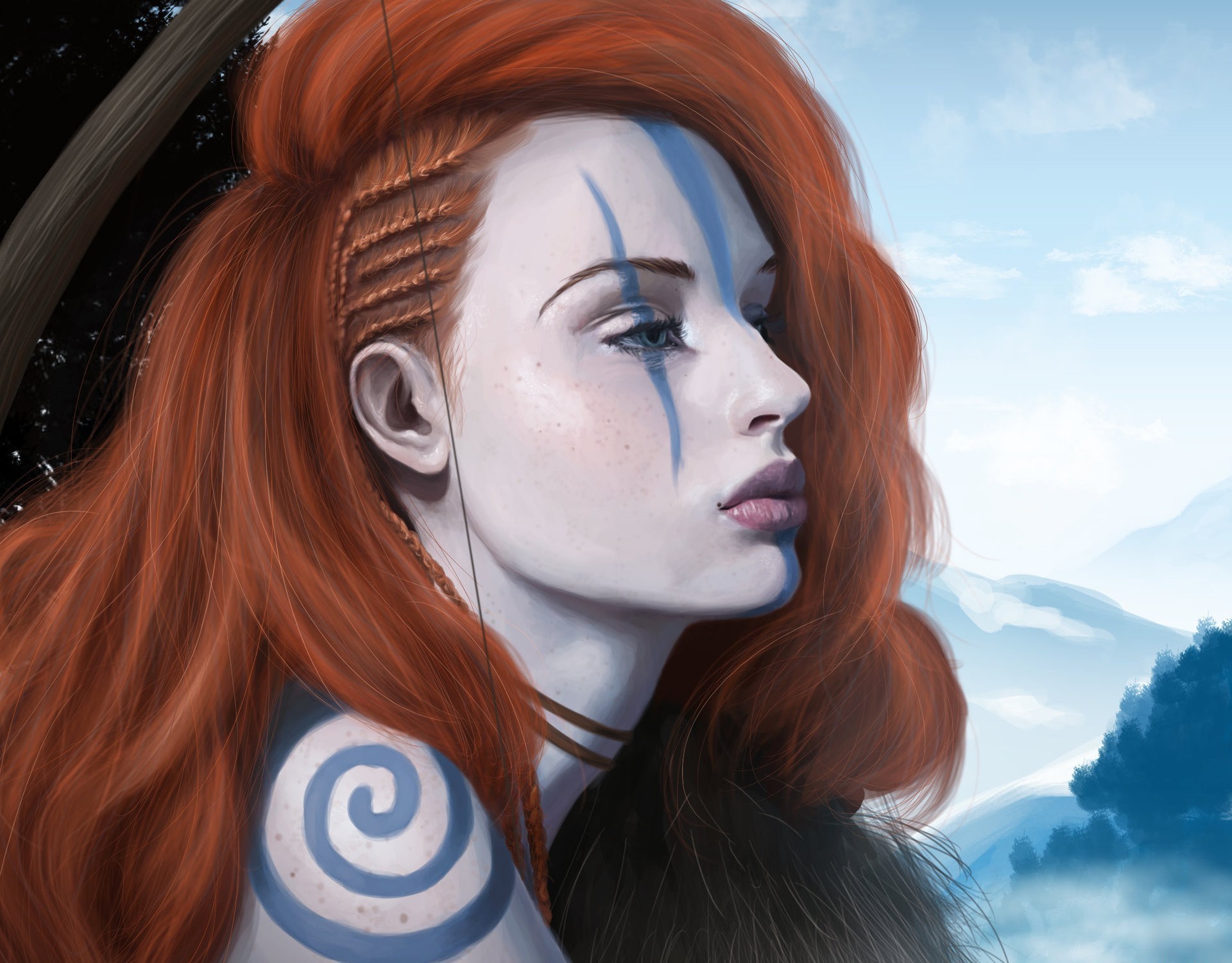 General 1920x1500 women fantasy art artwork redhead tattoo archer Norn face profile long hair face paint fantasy girl inked girls blue eyes digital art
