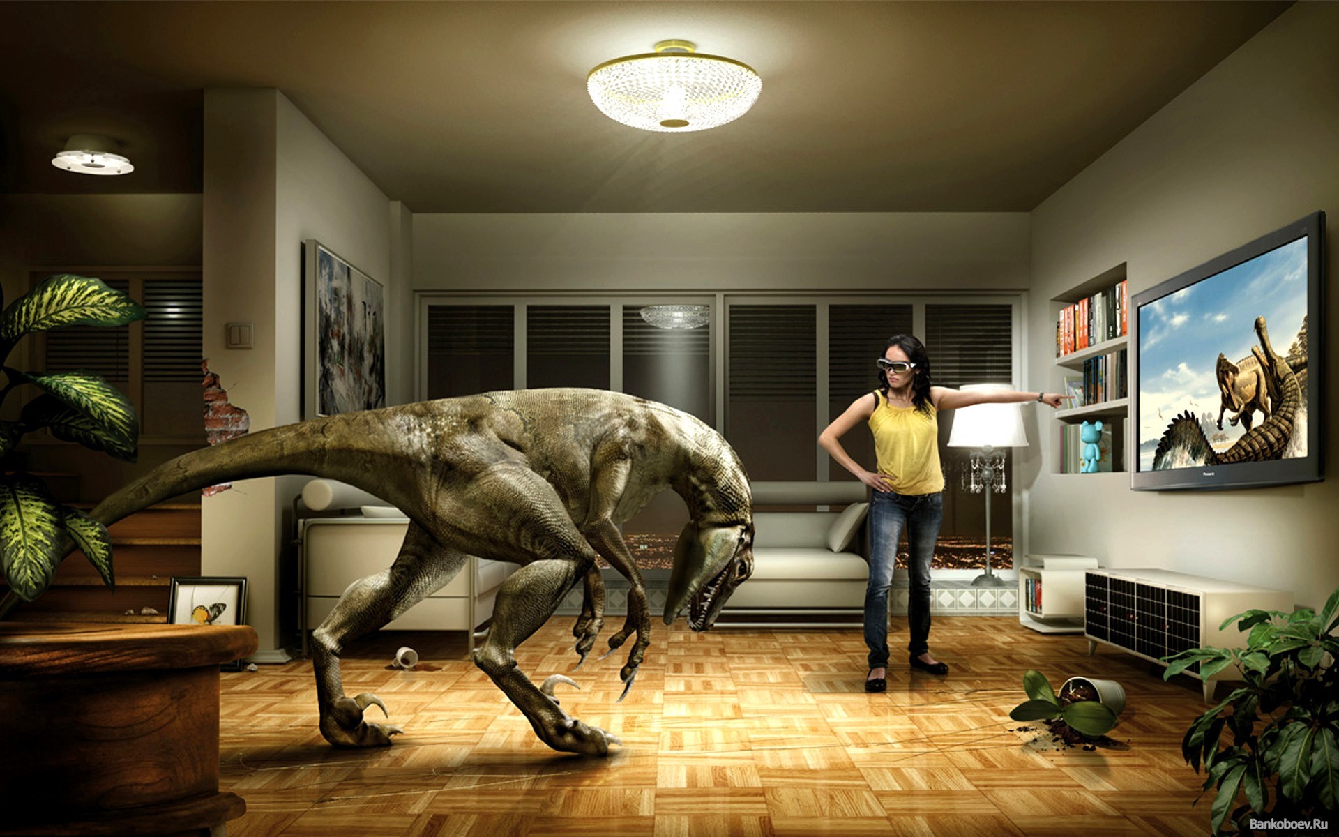 General 1920x1200 dinosaurs room TV virtual reality headsets humor video games meta digital art women indoors standing animals