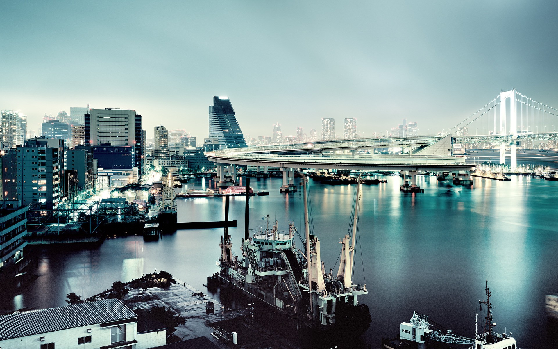 General 1920x1200 photography sea water urban cityscape Japan evening lights building bridge reflection Rainbow Bridge Asia Tokyo ports