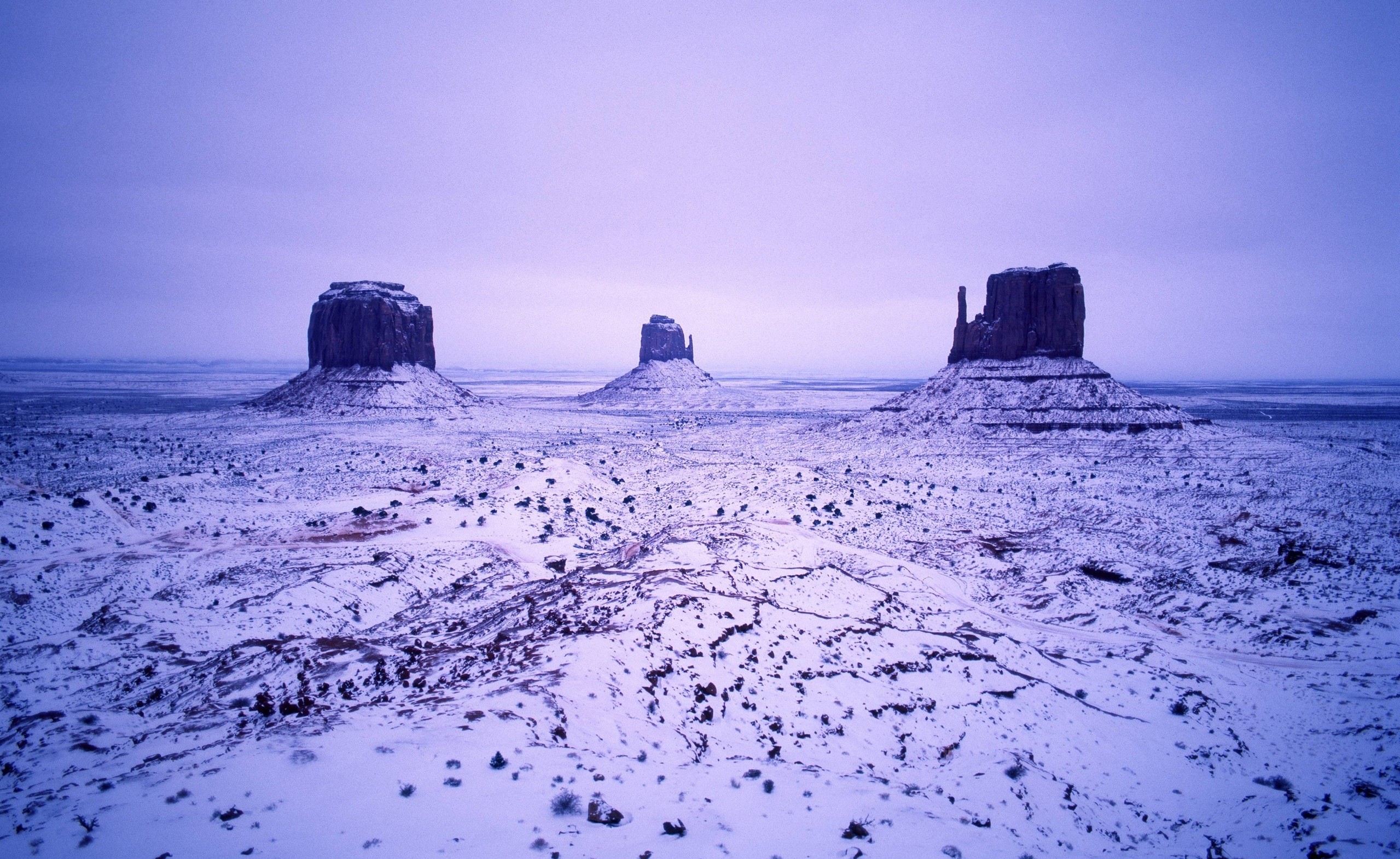 General 2559x1571 photography nature winter desert rock formation landscape purple snow USA