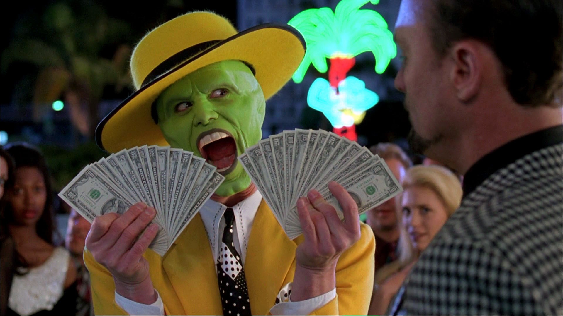 People 1920x1080 The Mask money film stills Jim Carrey mask suits green humor movies