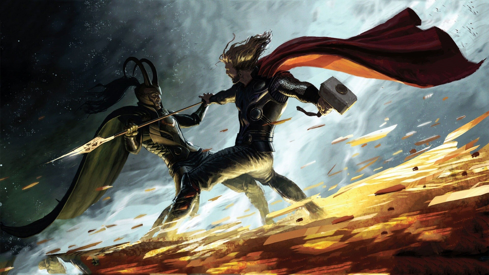 General 1920x1080 comics Thor Loki Marvel Comics hammer spear battle comic art men cape digital art low light