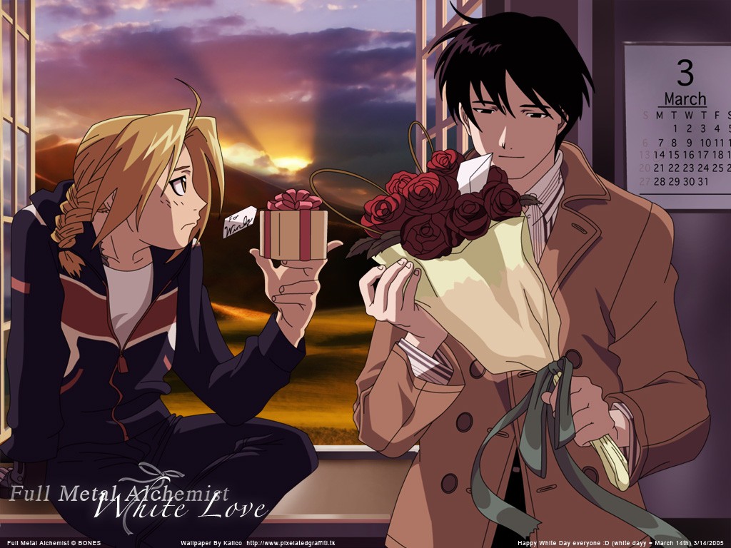 Anime 1024x768 Elric Edward Roy Mustang Full Metal Alchemist anime boys calendar presents flowers plants rose March