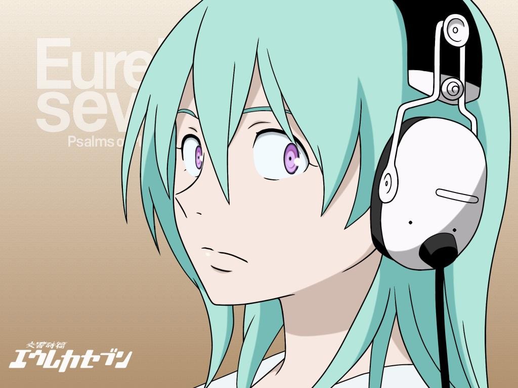 Anime 1024x768 anime Eureka Seven Eureka (character) anime girls headphones purple eyes cyan hair looking at viewer face women