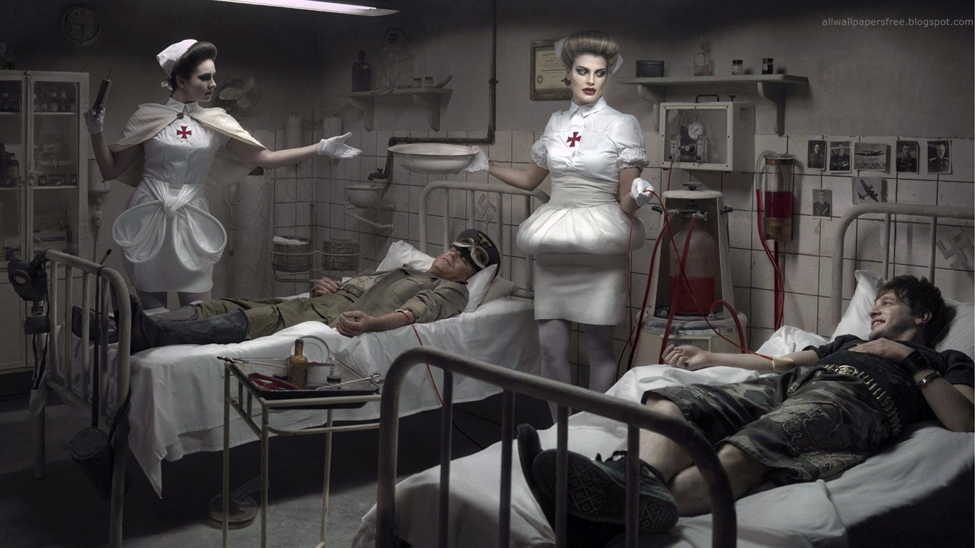 General 1366x768 artwork bed men women nurses model two women makeup blood lying down horror Nazi swastika