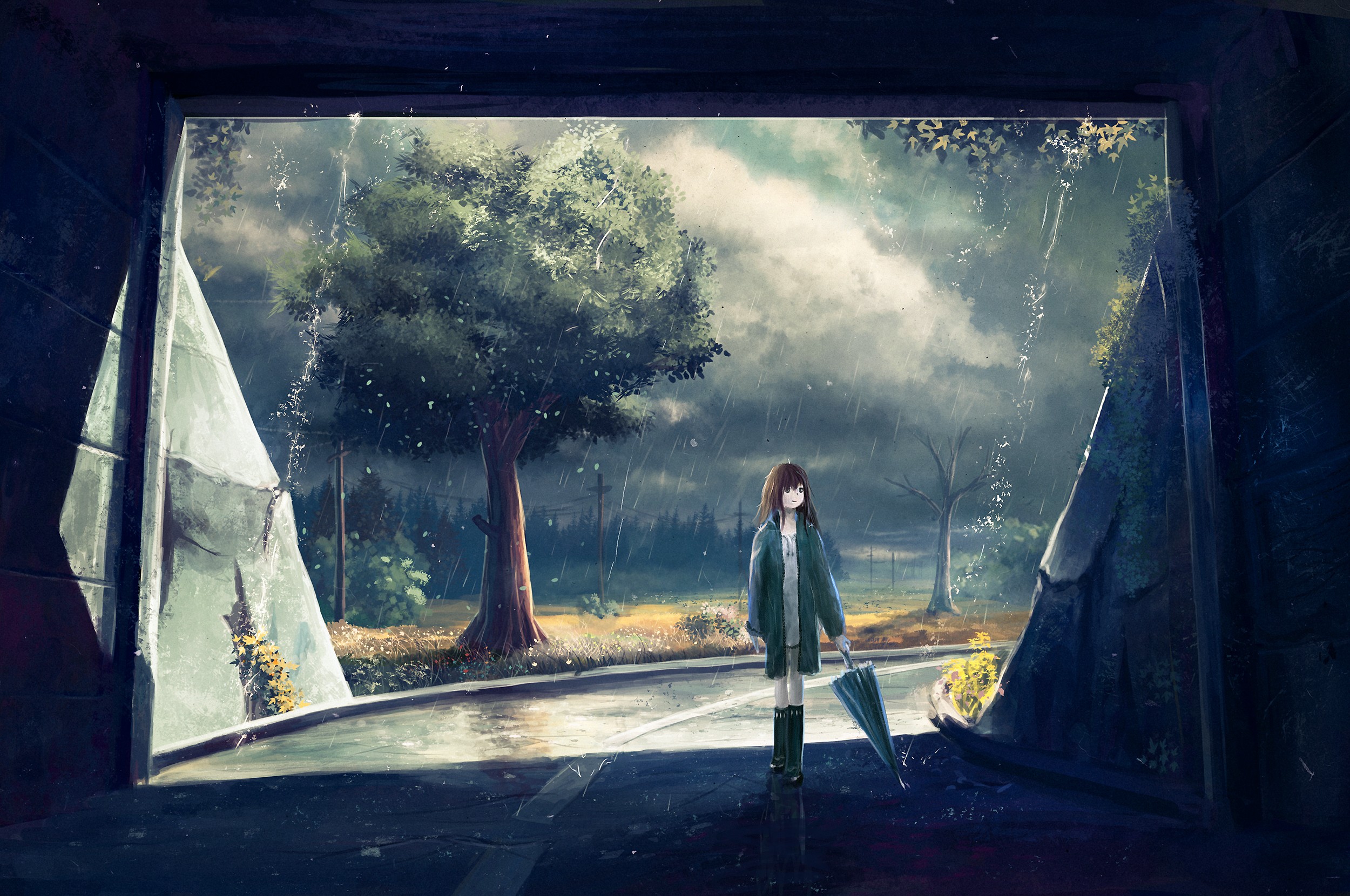 Anime 2500x1660 artwork anime girls anime umbrella rain trees outdoors