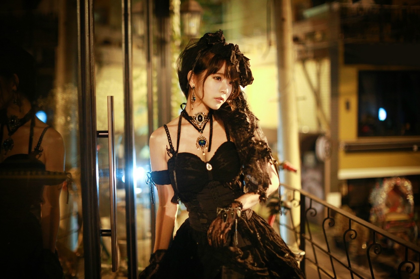 People 1680x1119 Yurisa Chan Korean model women Gothic Asian makeup standing dress black dress necklace gloves looking into the distance